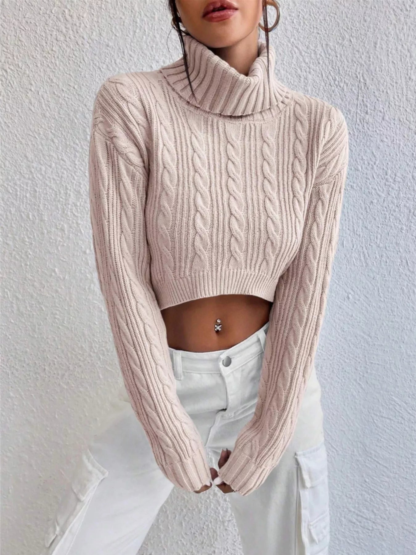 Snow Bunny Cable Knit Turtleneck Sweater in watermelon pink by Pinup Girl Clothing