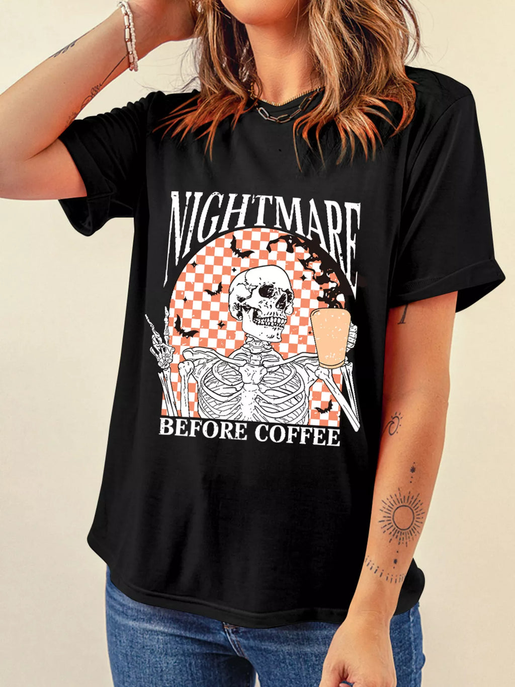 Nightmare Before Coffee checkerboard graphic tee in black by Pinup Girl Clothing
