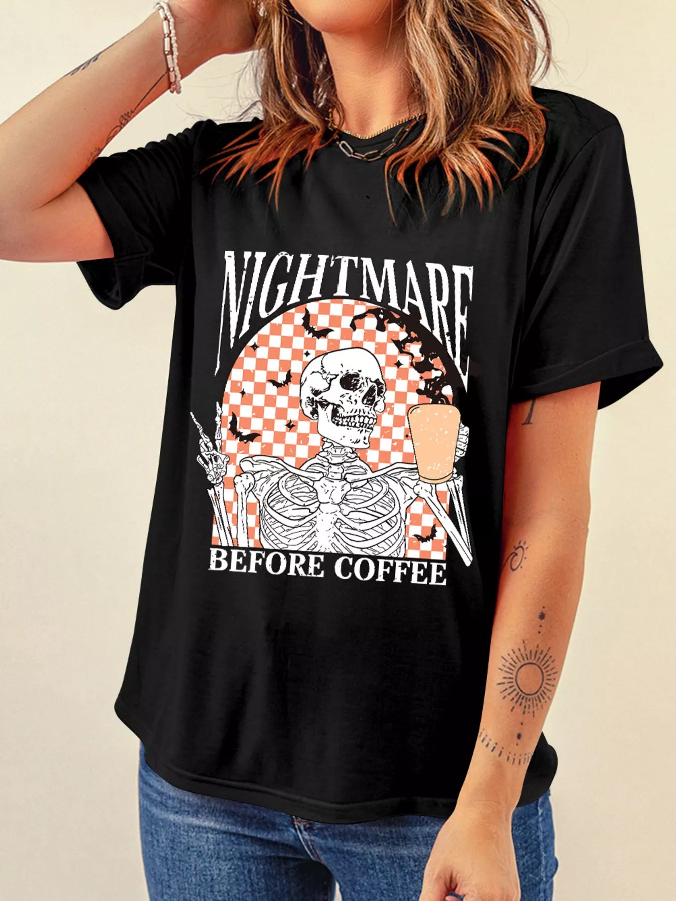 Nightmare Before Coffee checkerboard graphic tee in black by Pinup Girl Clothing