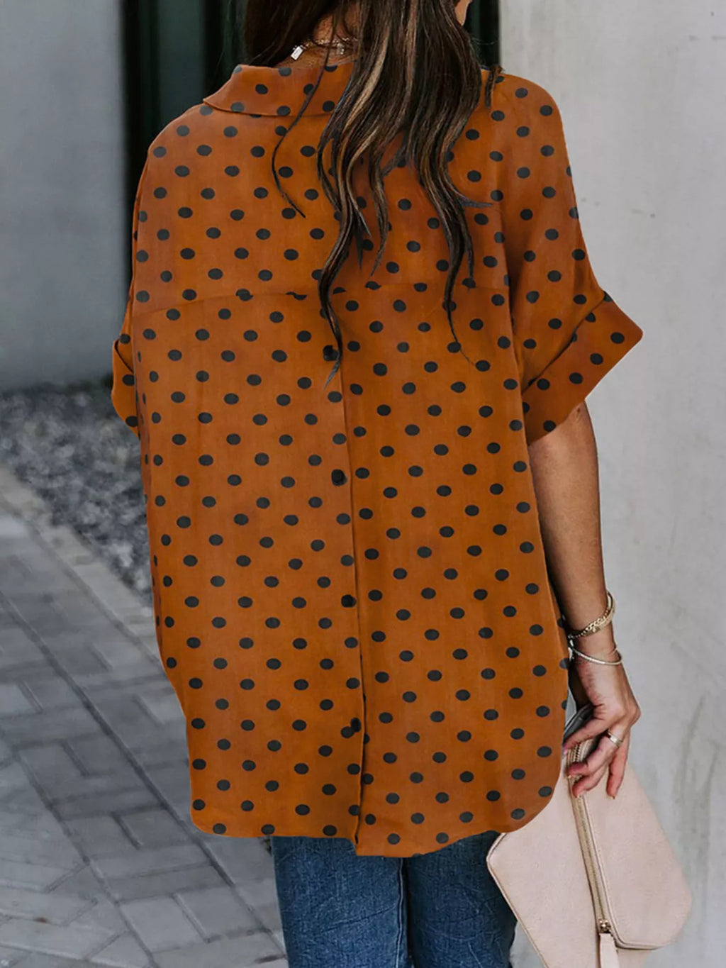 Weekender collared half sleeve shirt in rust dot, back view