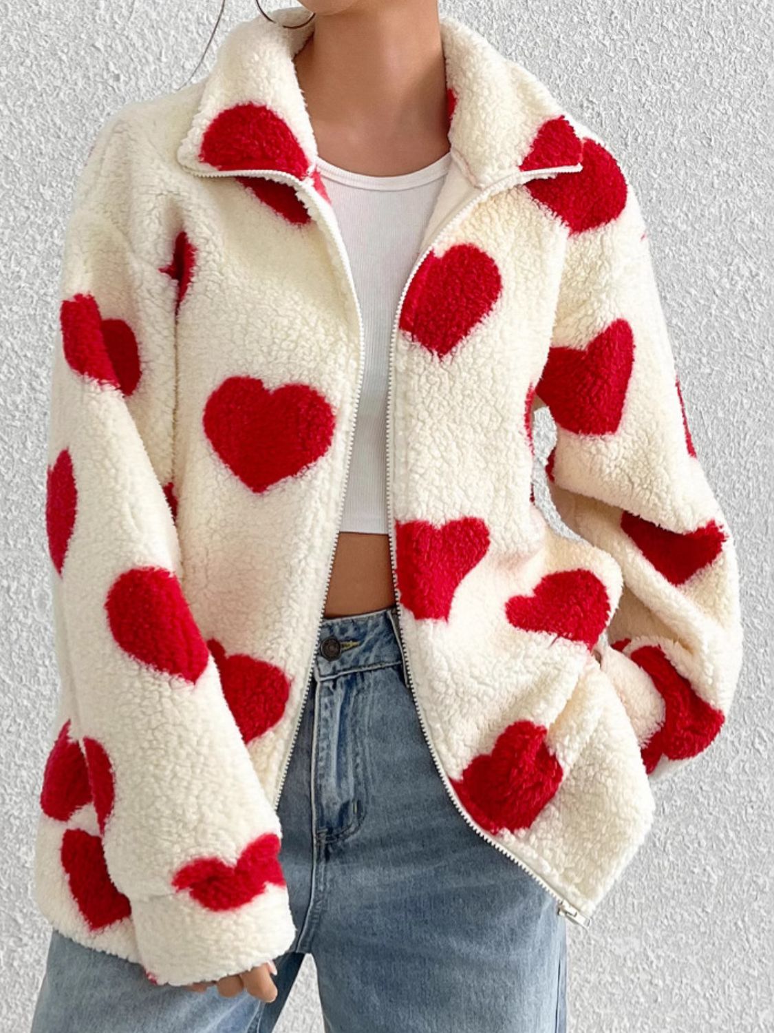 Aria Heart Zip Up Drop Shoulder Furry Jacket | 3 Colors