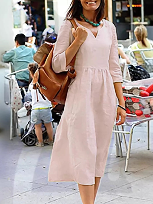 Giulia notched neck cotton midi swing dress with pockets in pink by Pinup Girl Clothing
