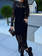 Lace Round Neck Long Sleeve Midi Dress | Poundton