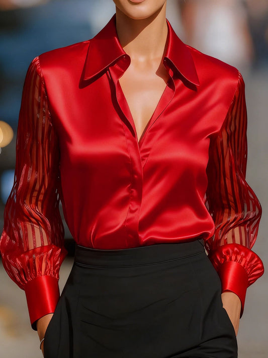 The Scarlet Siren sheer-sleeve collared blouse by Pinup Girl Clothing, sizes XS to 4X.