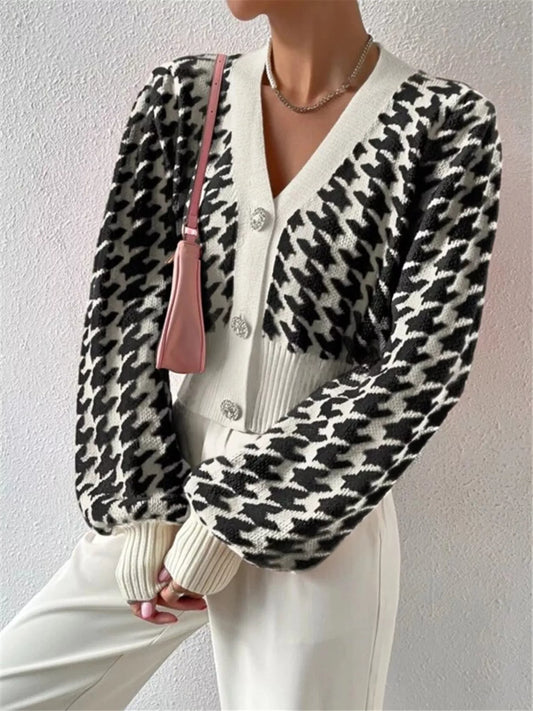 Houndstooth V-neck button cardigan in black by Pinup Girl Clothing