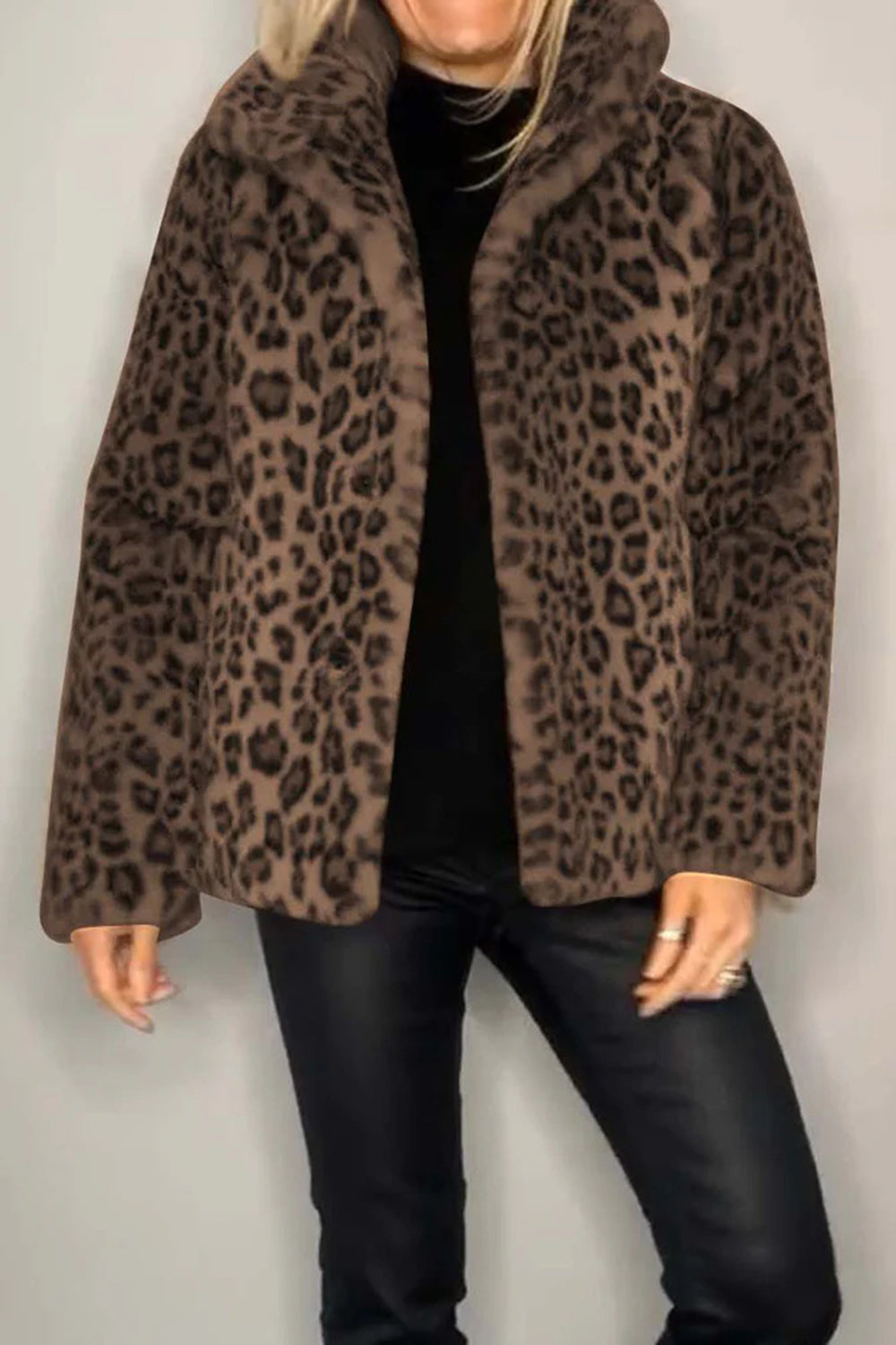 Alessia Full Size Leopard Furry Collared Neck Long Sleeve Coat | 5 Colors