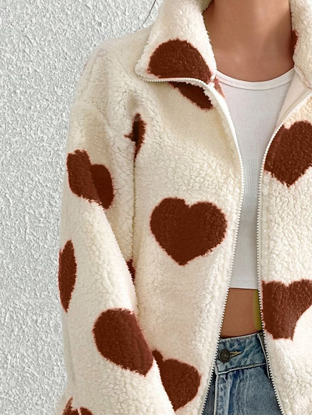 Aria Heart Zip Up Drop Shoulder Furry Jacket | 3 Colors