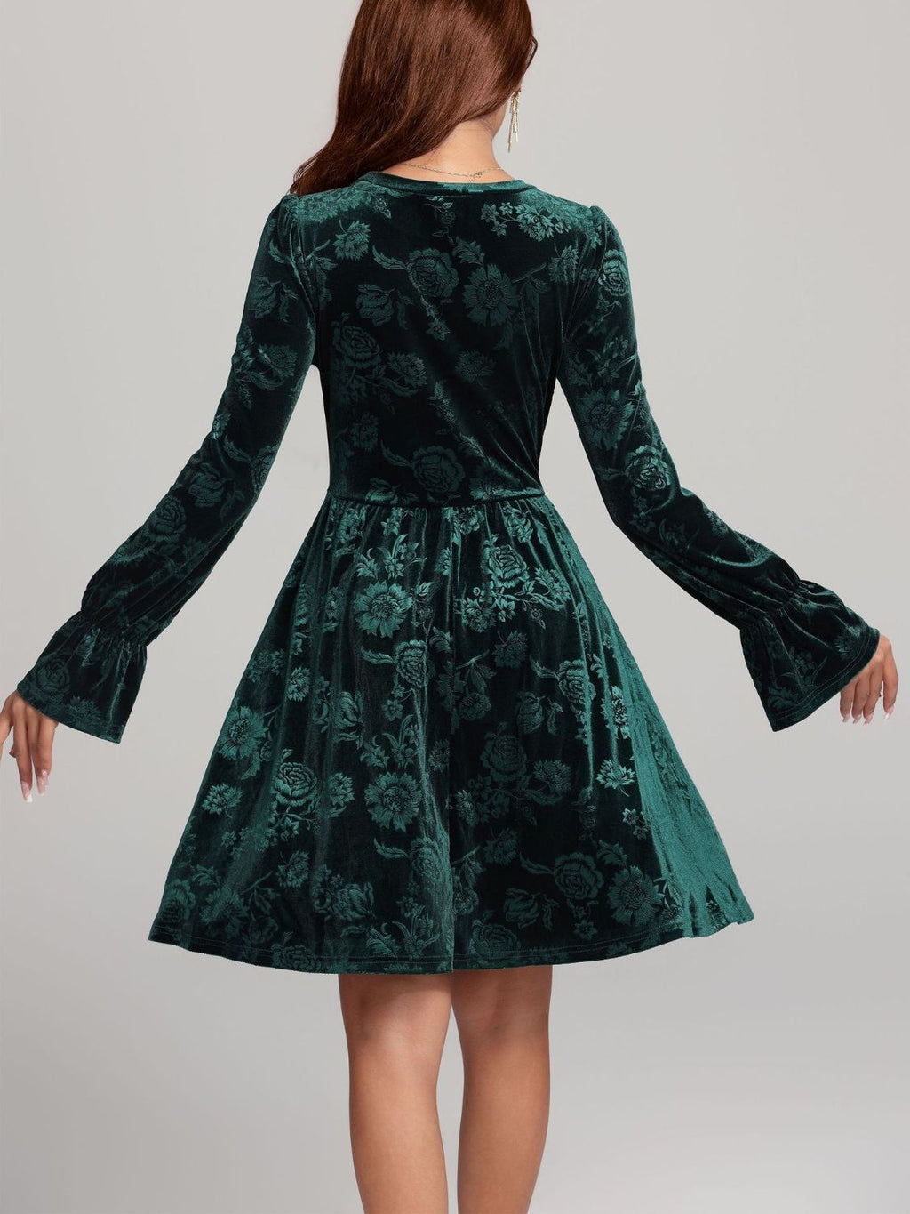 Angela Tied Flower Print Round Neck Flounce Sleeve Dress