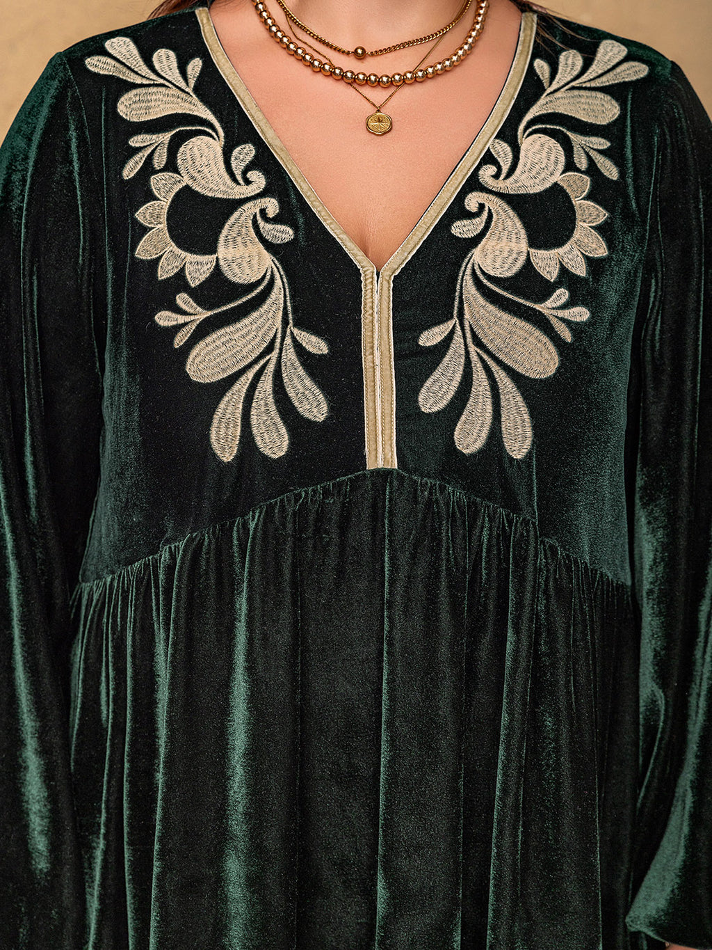 Embroidered V-Neck Long Sleeve Dress | Poundton