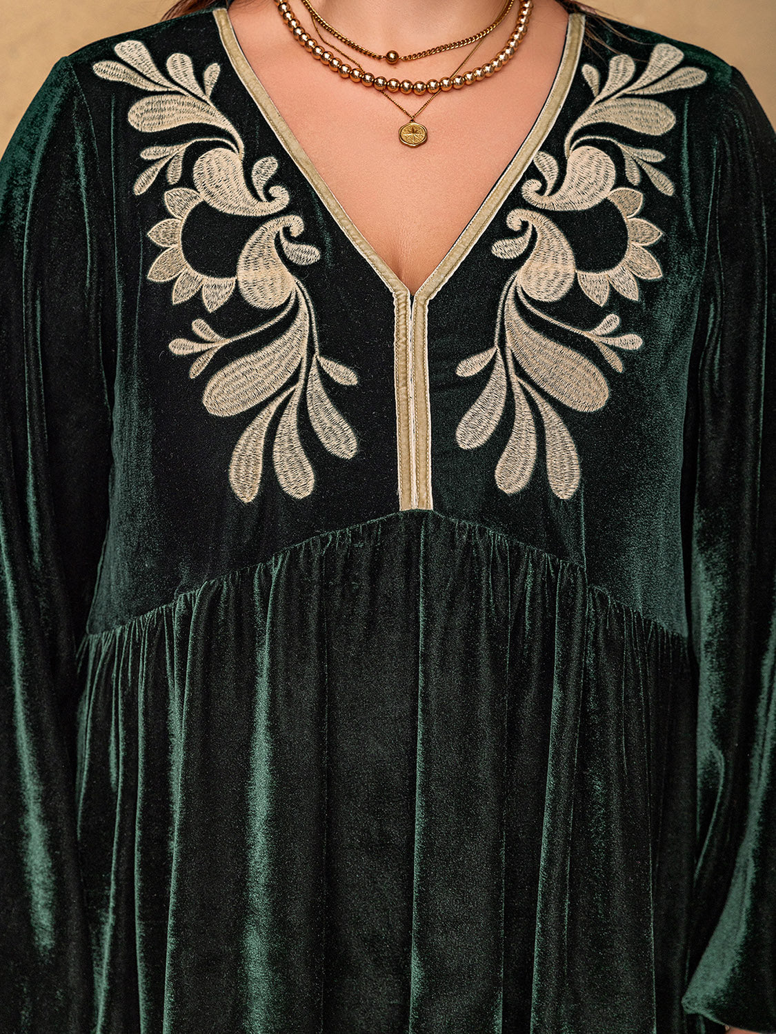 Embroidered V-Neck Long Sleeve Dress | Poundton