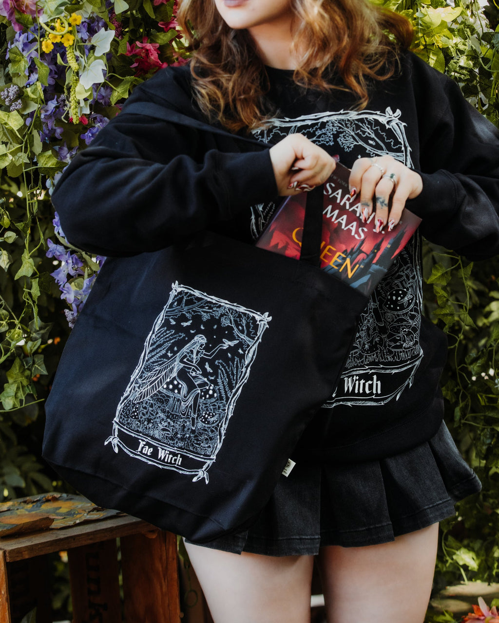 Fae Witch Tote Bag, black organic cotton tote with white fae witch art