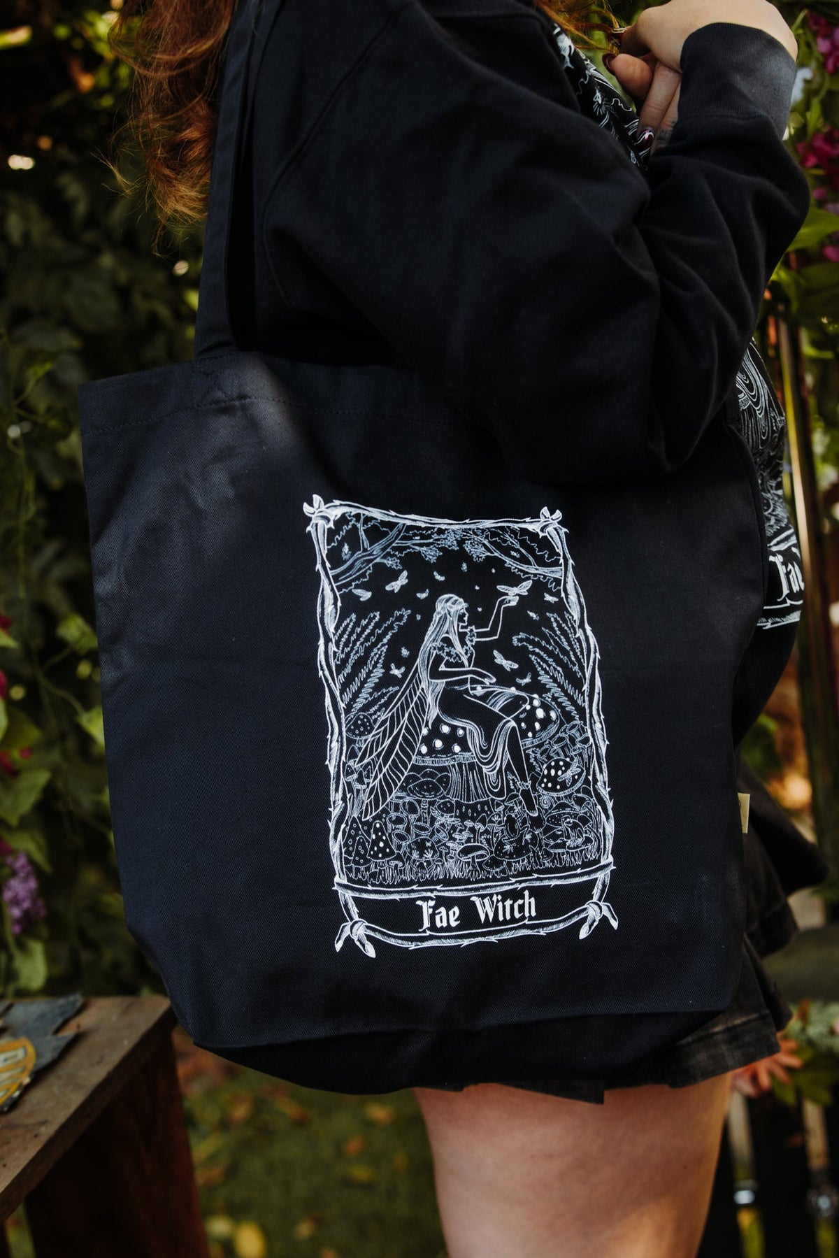 Fae Witch Tote Bag, black organic cotton tote with white fae witch art