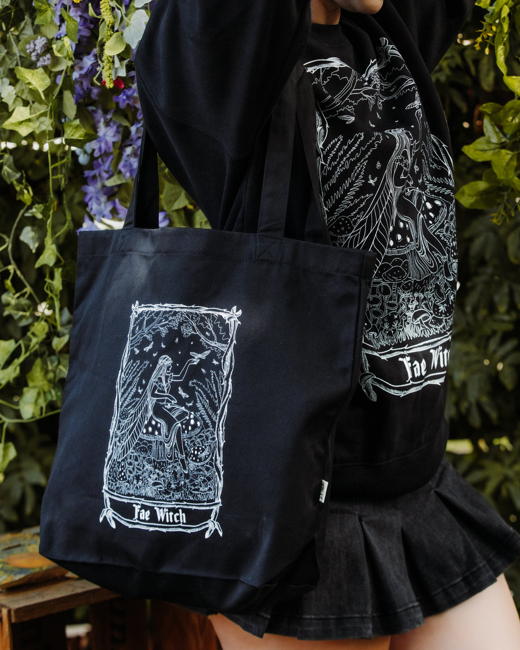 Fae Witch Tote Bag, black organic cotton tote with white fae witch art