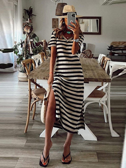 Fashionable V-Neck Striped Short Sleeve Dress with Side Slit