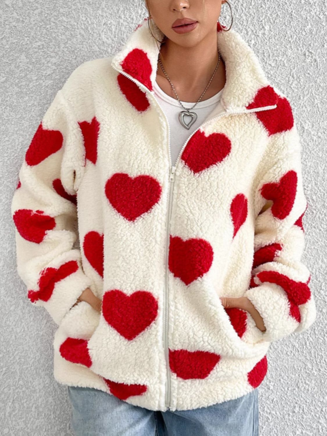 Aria Heart Zip Up Drop Shoulder Furry Jacket | 3 Colors