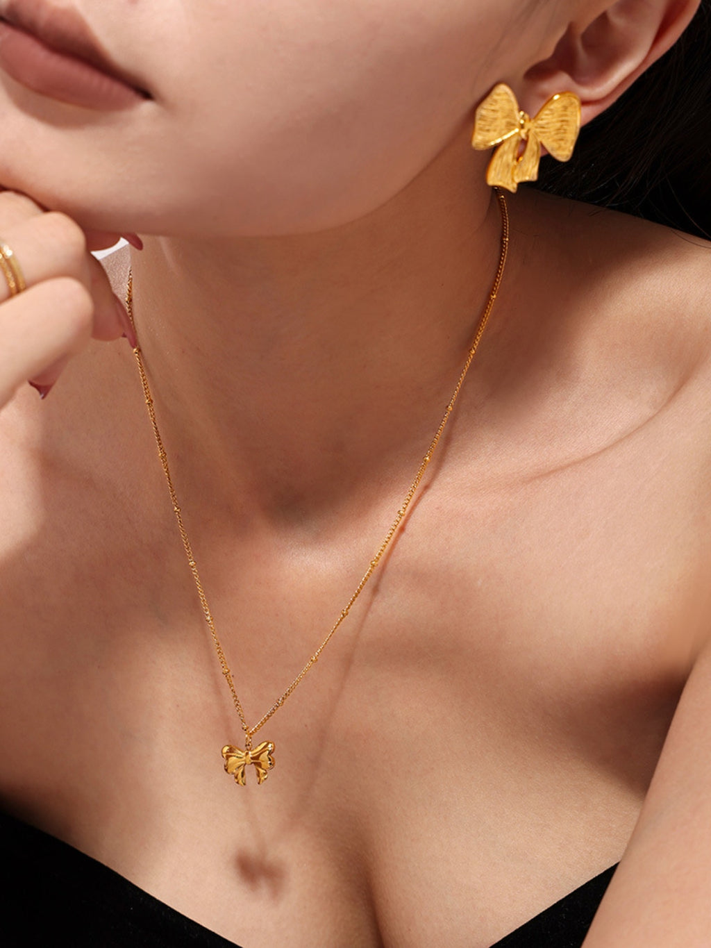 Amelia 18K Gold-Plated Stainless Steel Bow Earrings and Necklace Set