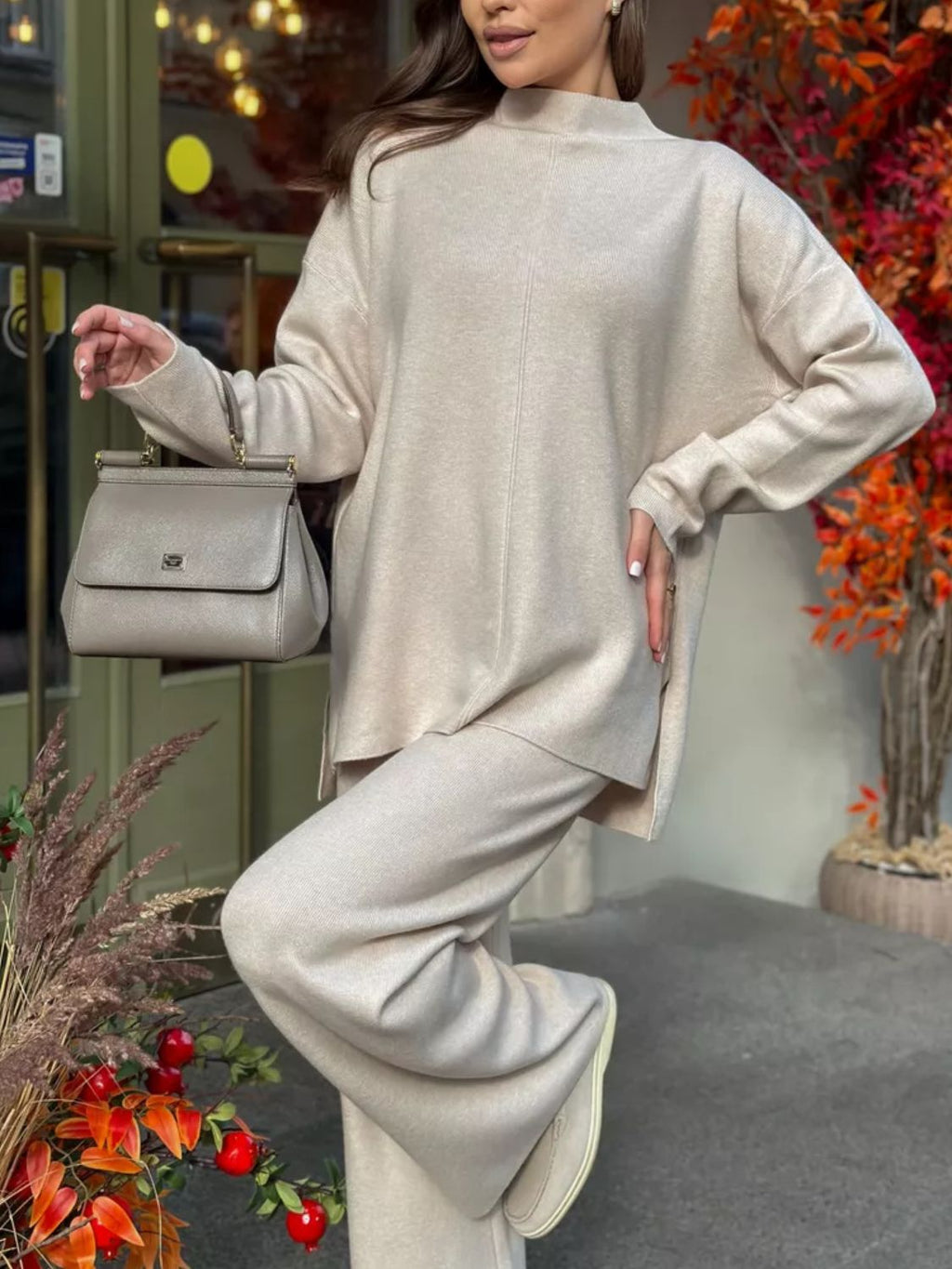 Gabriella Slit Mock Neck Top and Pants Sweater Set | 4 Colors