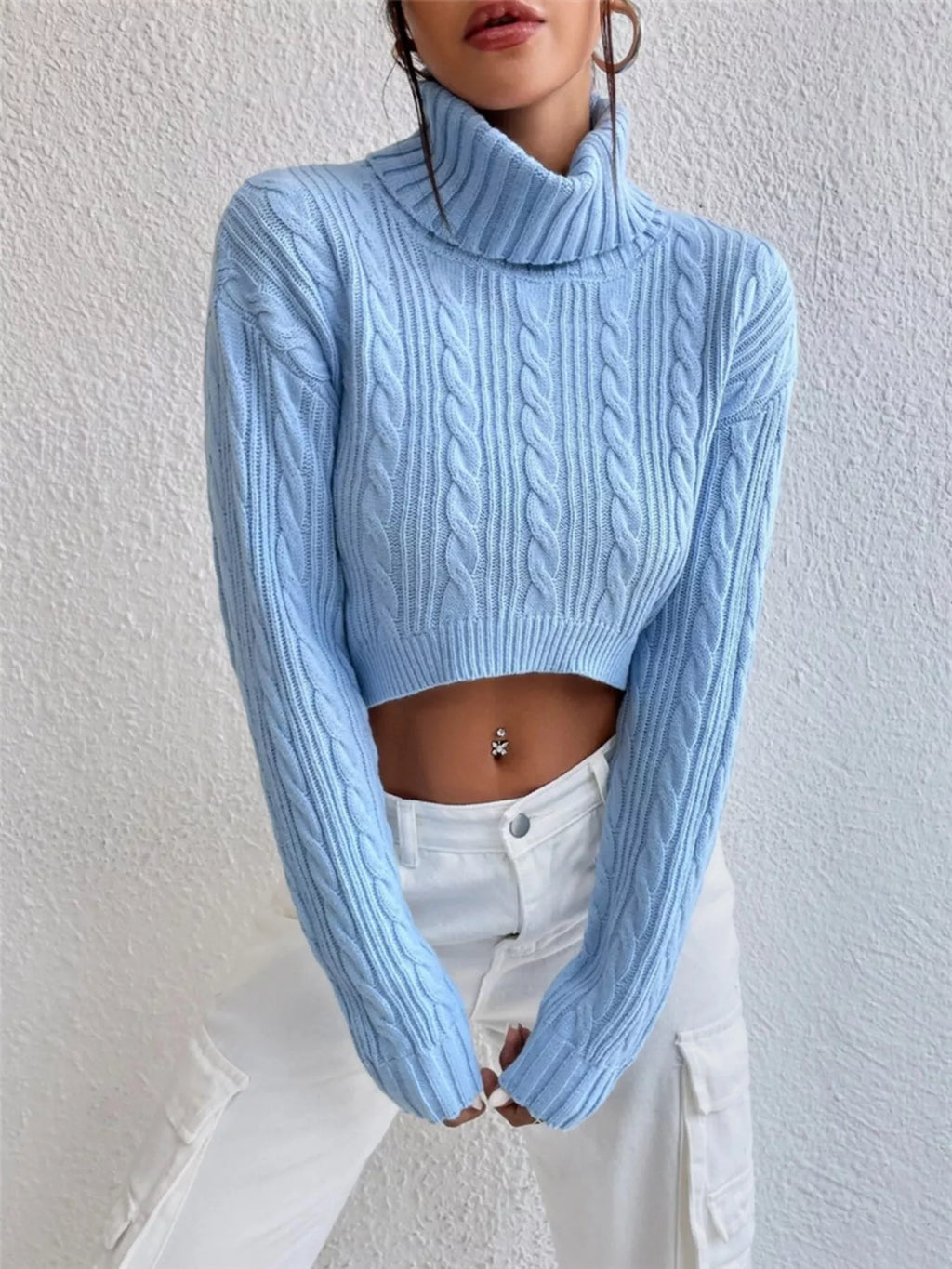 Snow Bunny Cable Knit Turtleneck Sweater in light blue by Pinup Girl Clothing