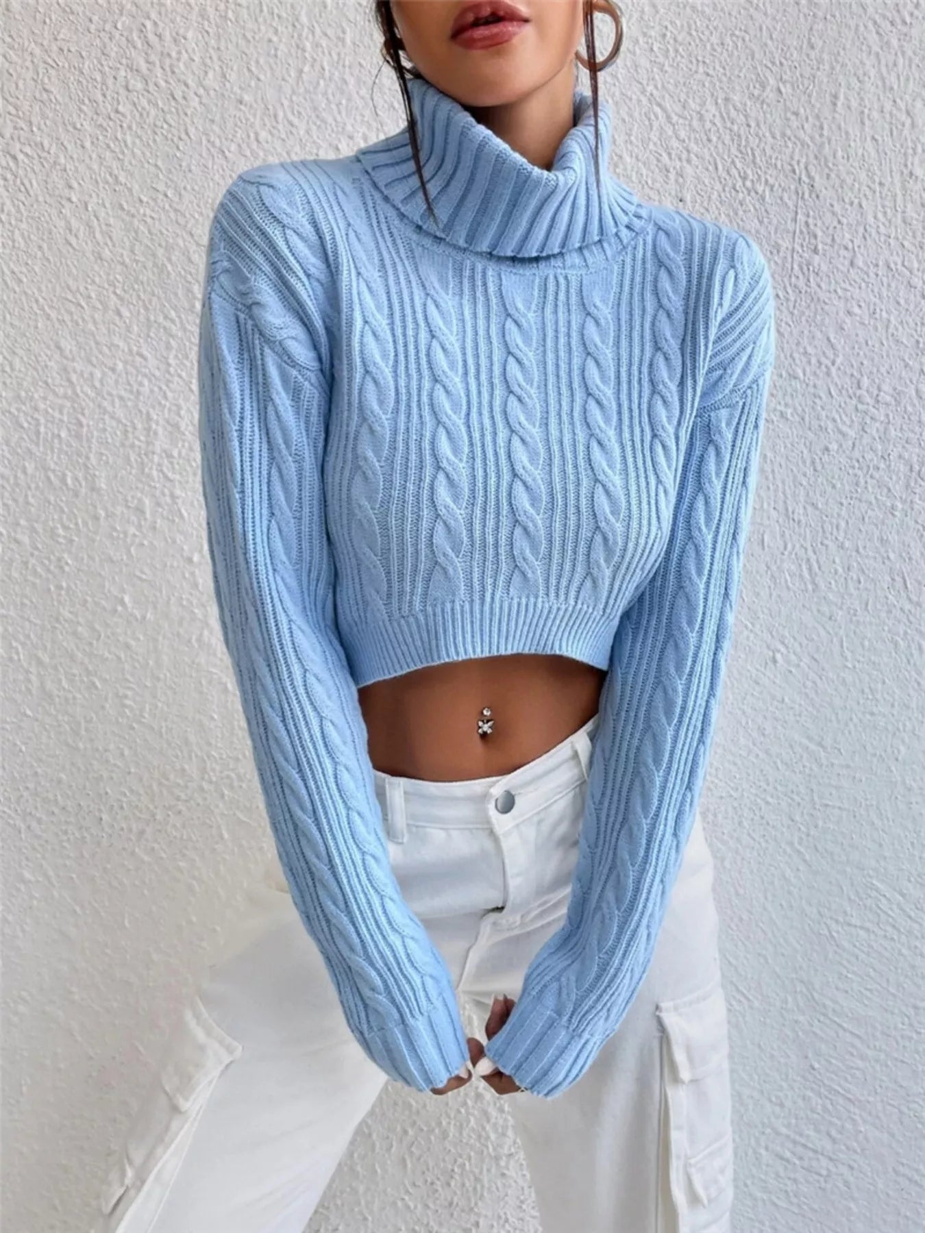 Snow Bunny Cable Knit Turtleneck Sweater in light blue by Pinup Girl Clothing