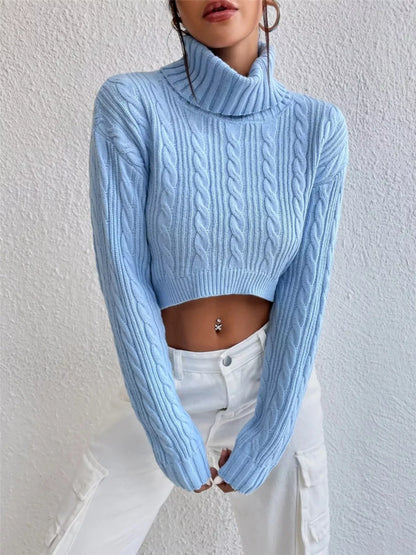 Snow Bunny Cable Knit Turtleneck Sweater in light blue by Pinup Girl Clothing