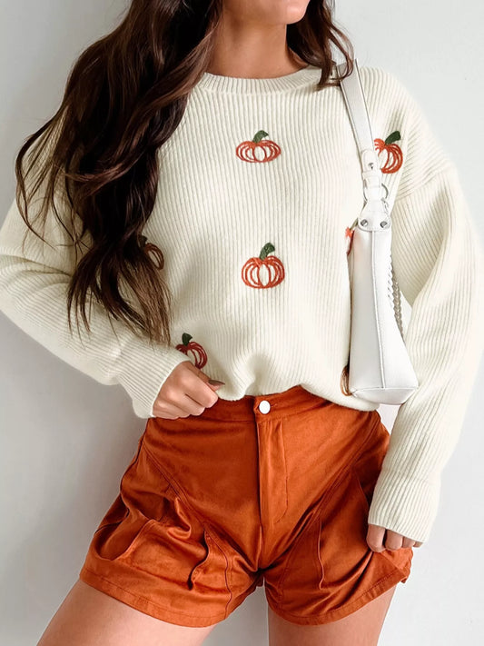 Next Stop, Pumpkin Patch embroidered oversized knit sweater in cream white by Pinup Girl Clothing