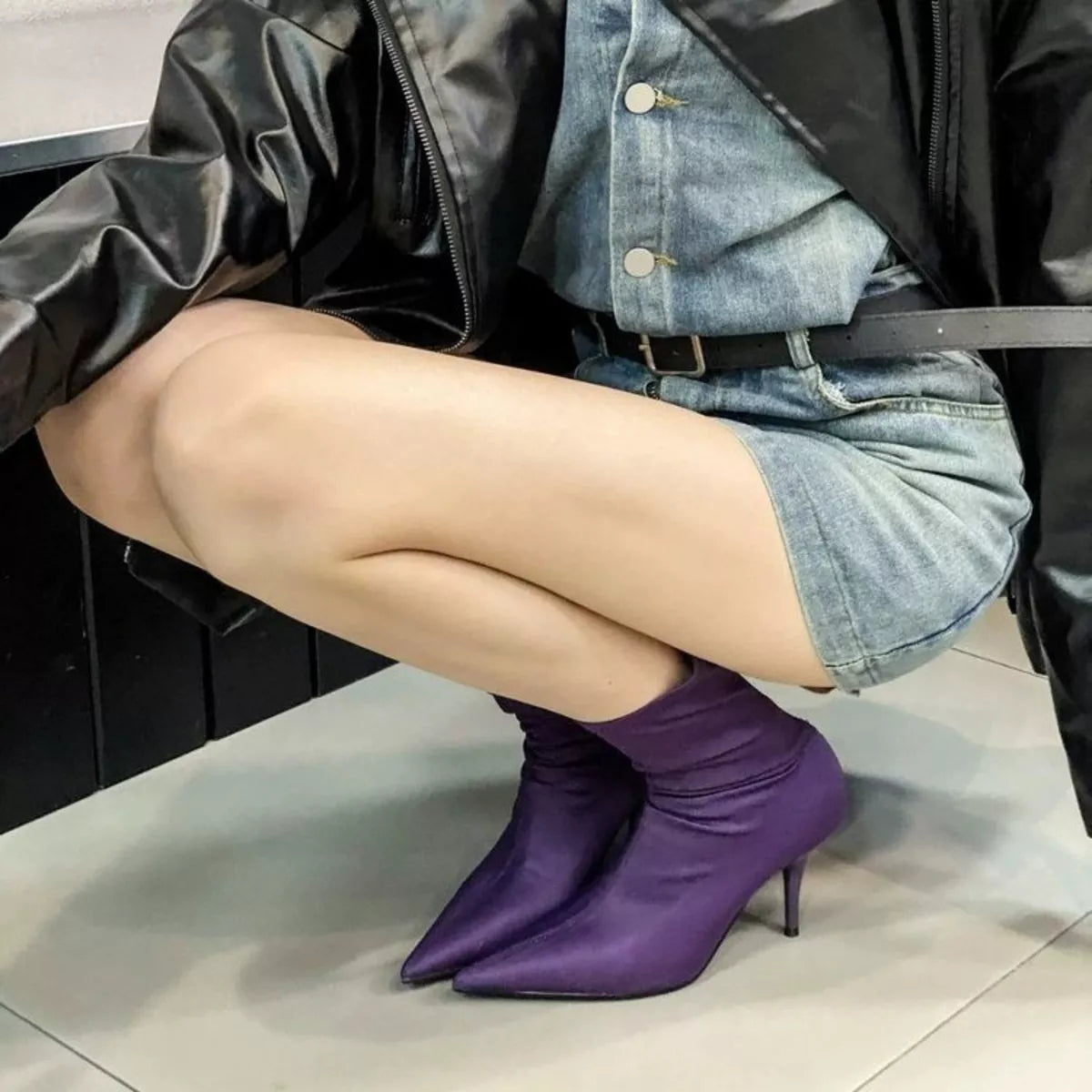 Siren pointed toe stretch sock boots in purple