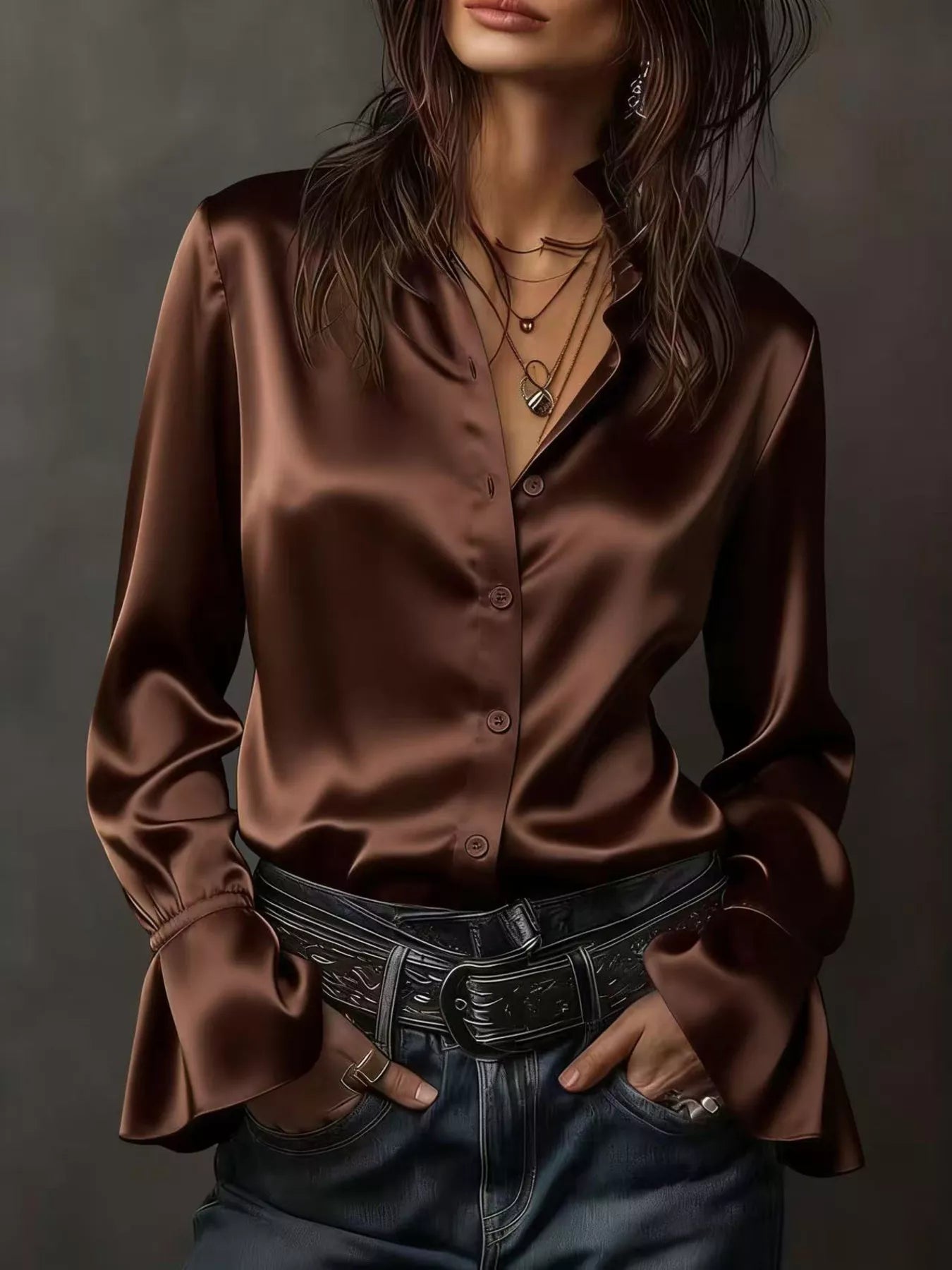 Champagne Belle flounce-sleeve blouse in brown by Pinup Girl Clothing.