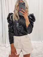 Mali Bubble Sleeve Sequin Top in Black