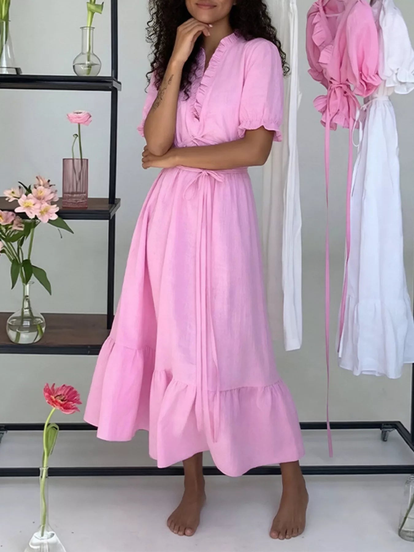Rocco ruffled puff sleeve maxi dress in pink by Pinup Girl Clothing