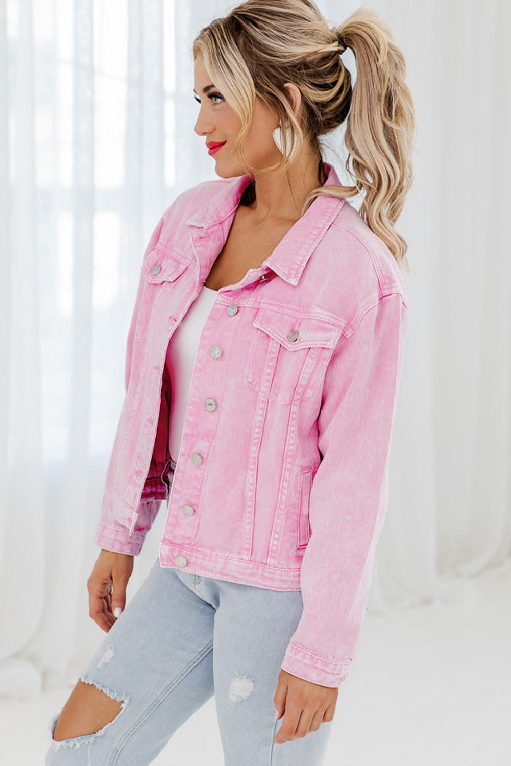 Pink Acid Wash Denim Jacket