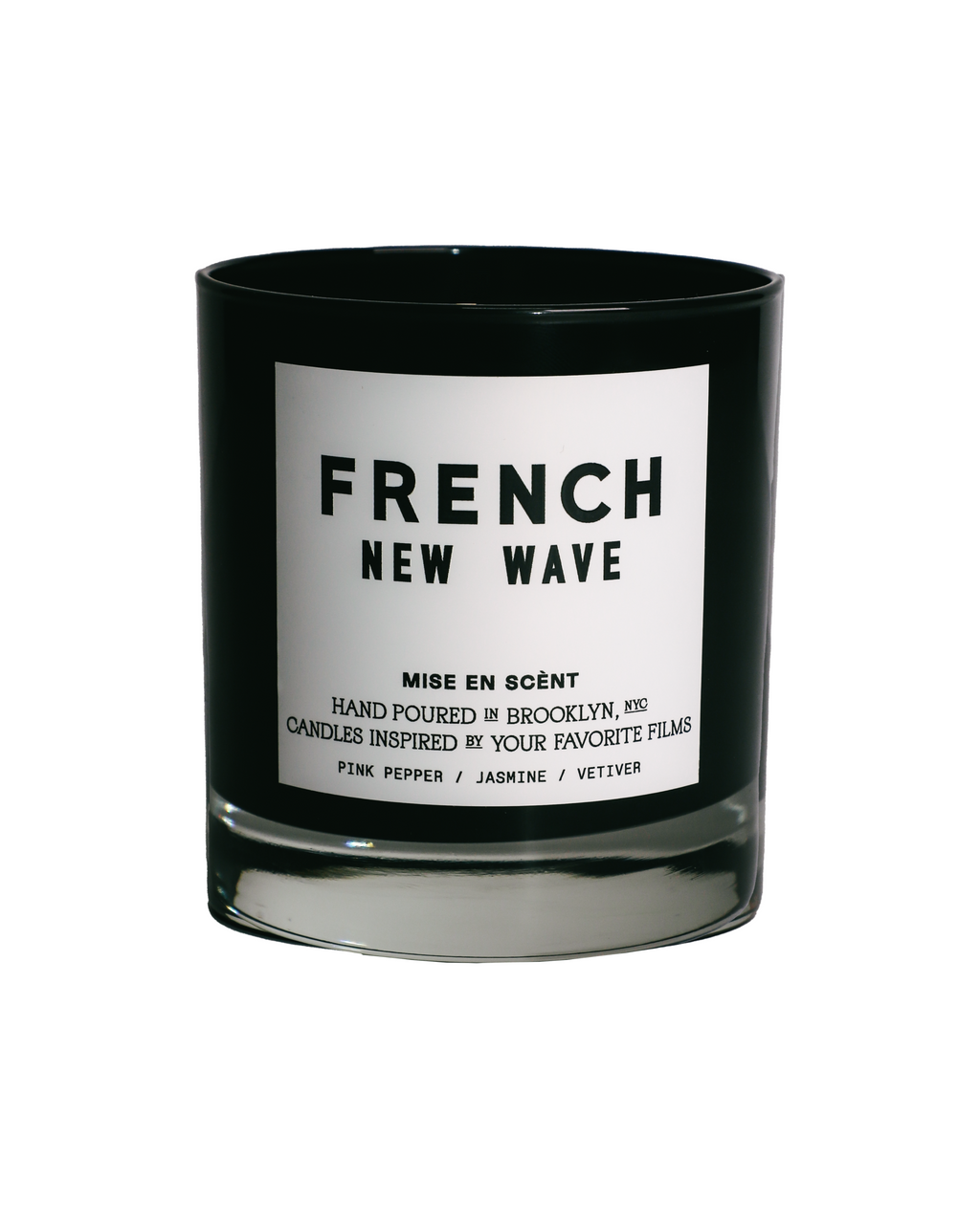 French New Wave scented soy candle in a black glass jar