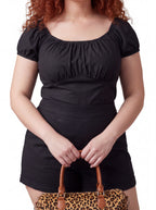 Pinup Girl Clothing black stretch-sateen peasant top with LB high-waisted shorts, sizes XS to 5X.