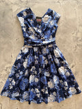 Metallic Floral Greta Dress, a navy and blue floral 1950s swing dress