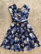 Metallic Floral Greta Dress, a navy and blue floral 1950s swing dress