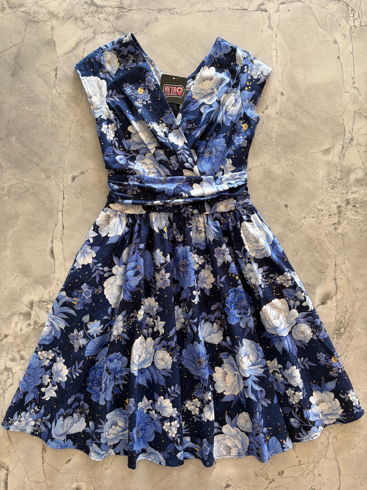 Metallic Floral Greta Dress, a navy and blue floral 1950s swing dress