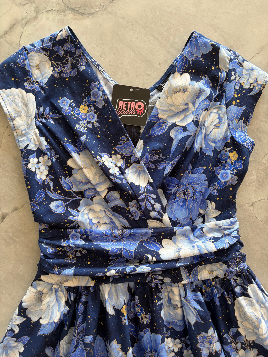 Metallic Floral Greta Dress, a navy and blue floral 1950s swing dress