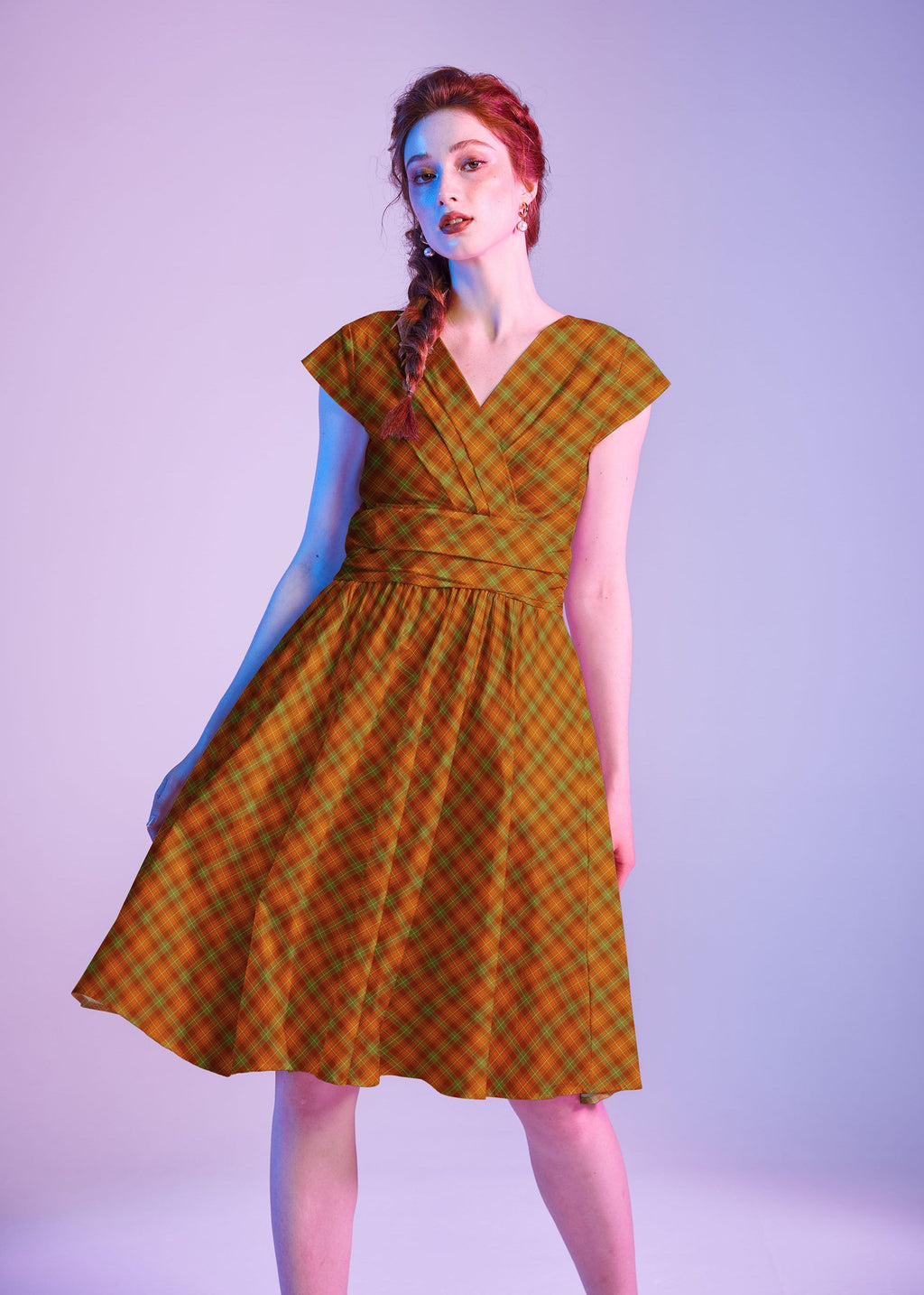 Orange Plaid Greta Dress, a 1950s cotton swing dress with a surplice neckline and gathered waist