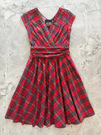 Red Plaid Greta Dress, a 1950s cotton swing dress with a surplice neckline and gathered waist