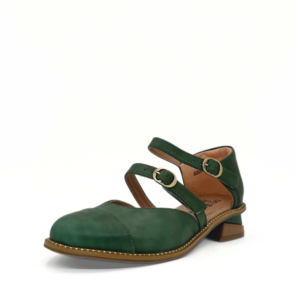 Guardian double-buckle Mary Jane flat in green with a low heel