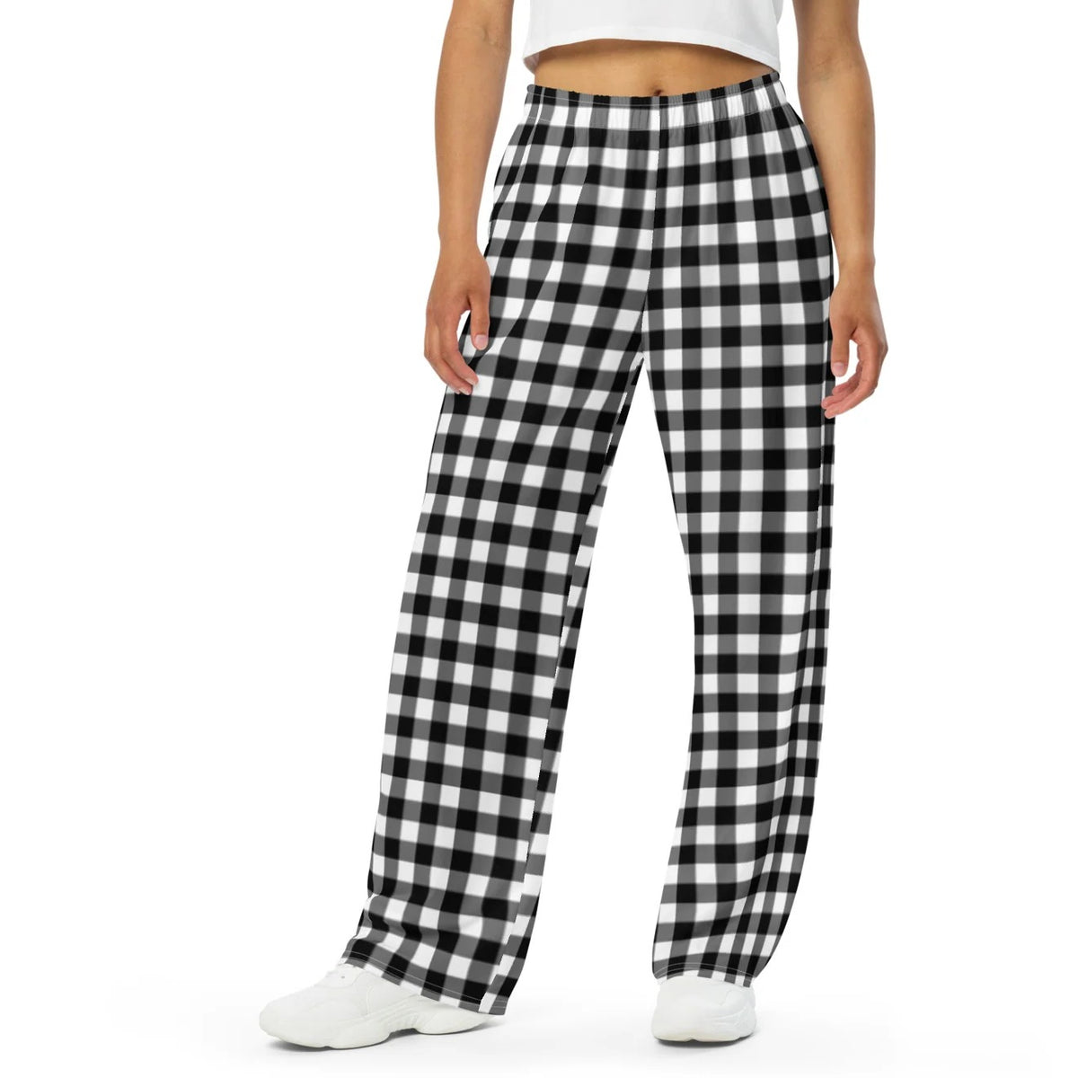 Hattie wide-leg lounge pants in black gingham, waist to toe on model