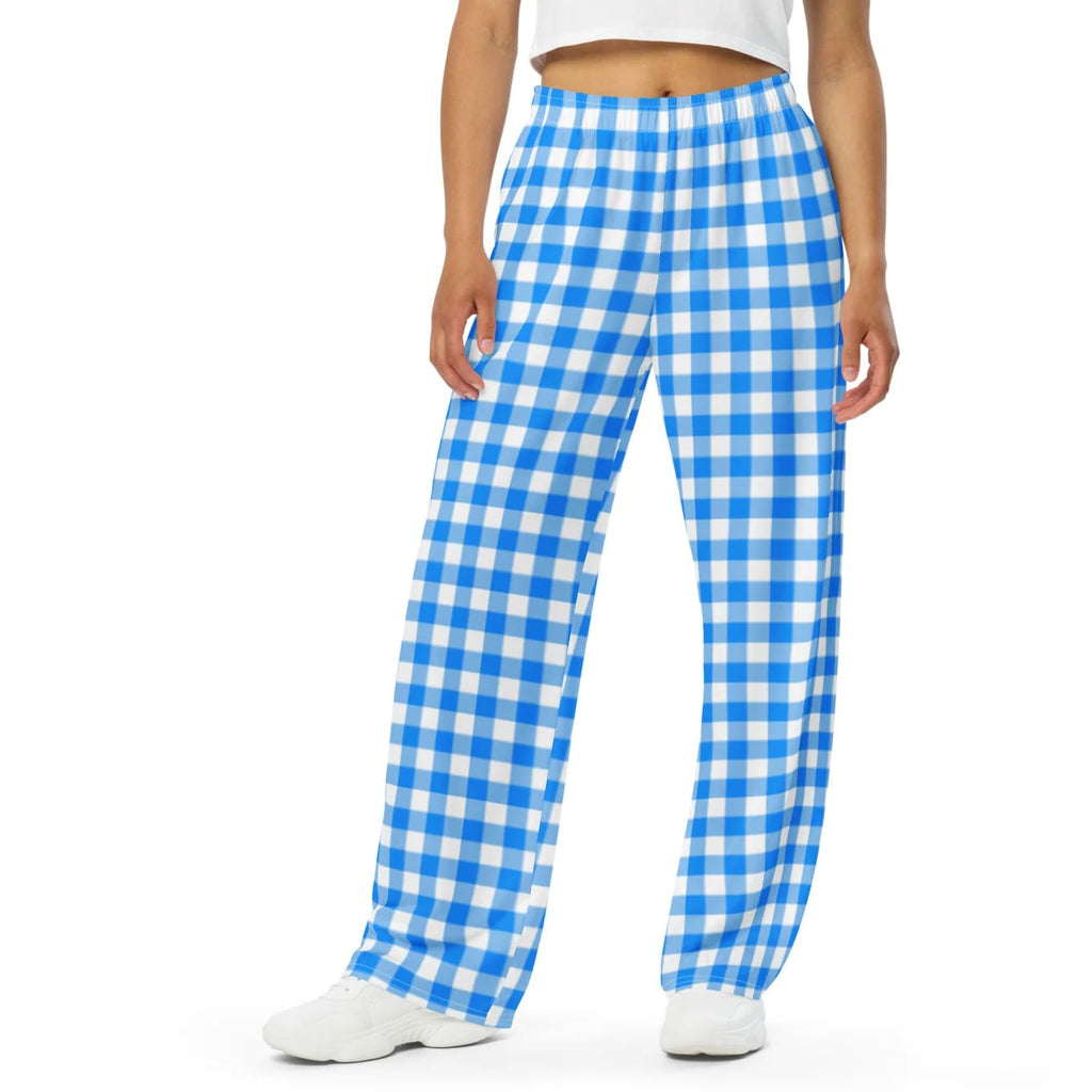 Hattie wide-leg lounge pants in blue gingham, waist to toe on model