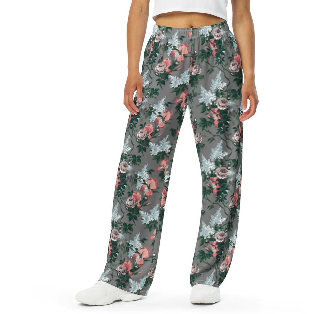 Hattie wide-leg lounge pants in J'Adore grey Bella Roses floral, waist to toe on model