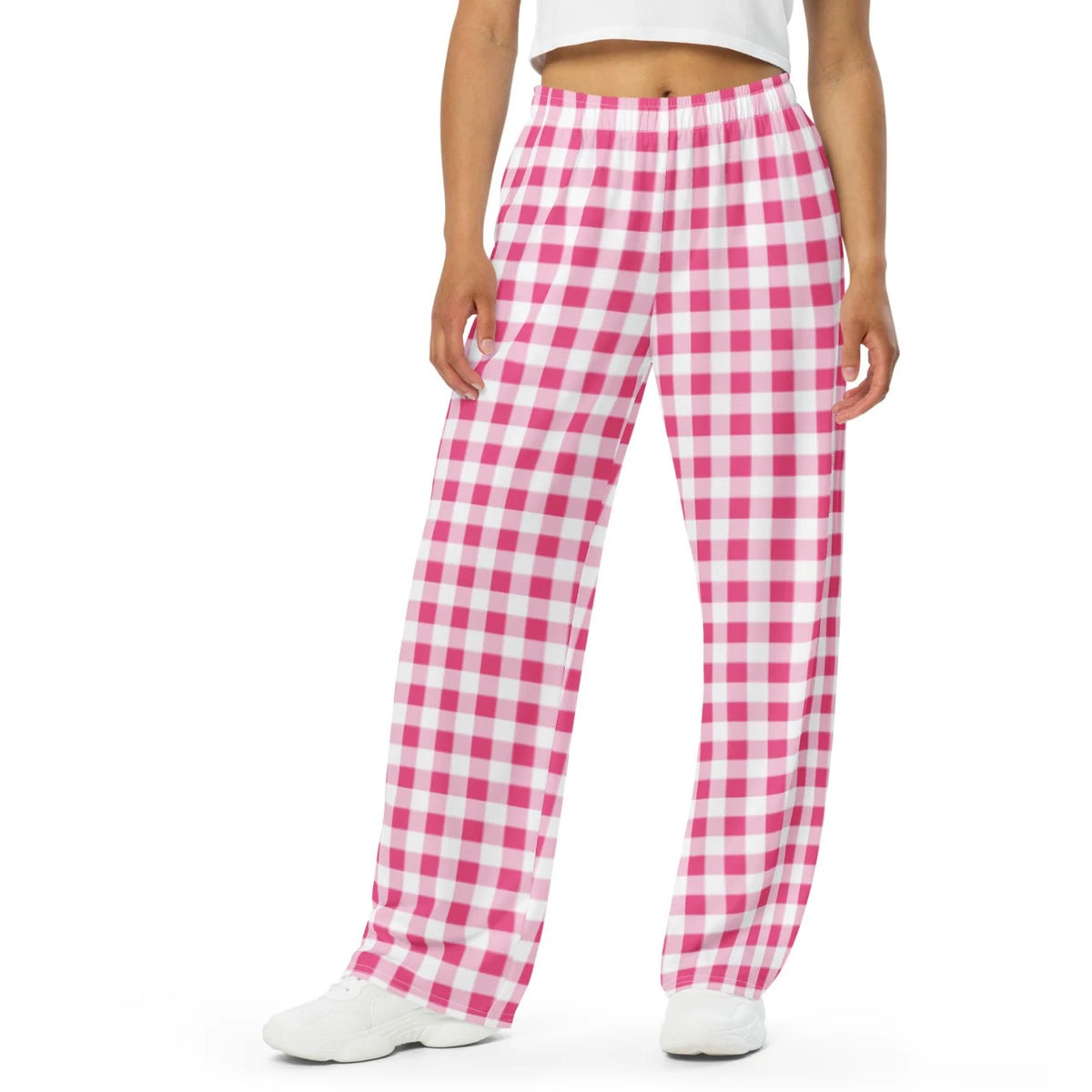 Hattie wide-leg lounge pants in pink gingham, waist to toe on model