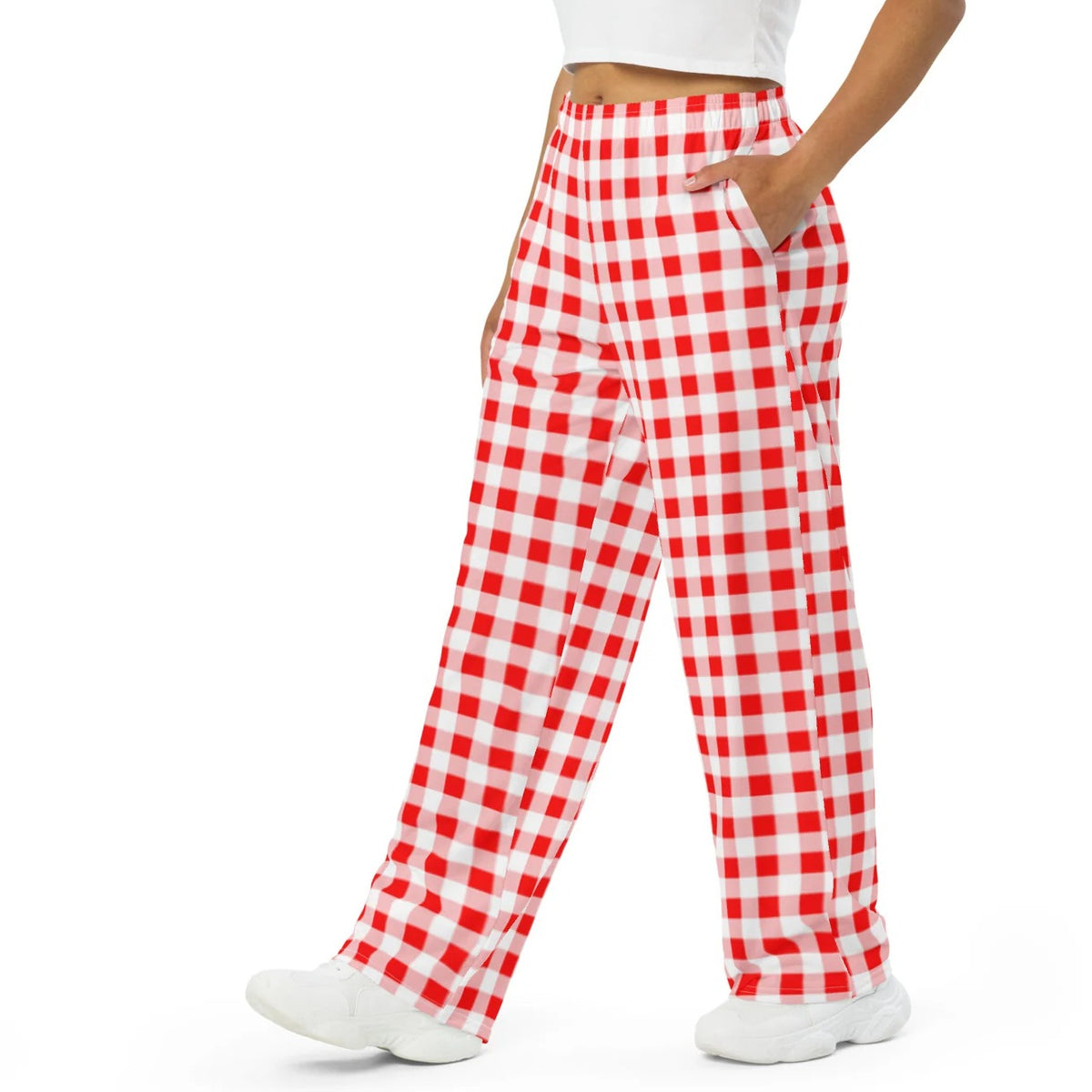 Hattie wide-leg lounge pants in red gingham, waist to toe on model