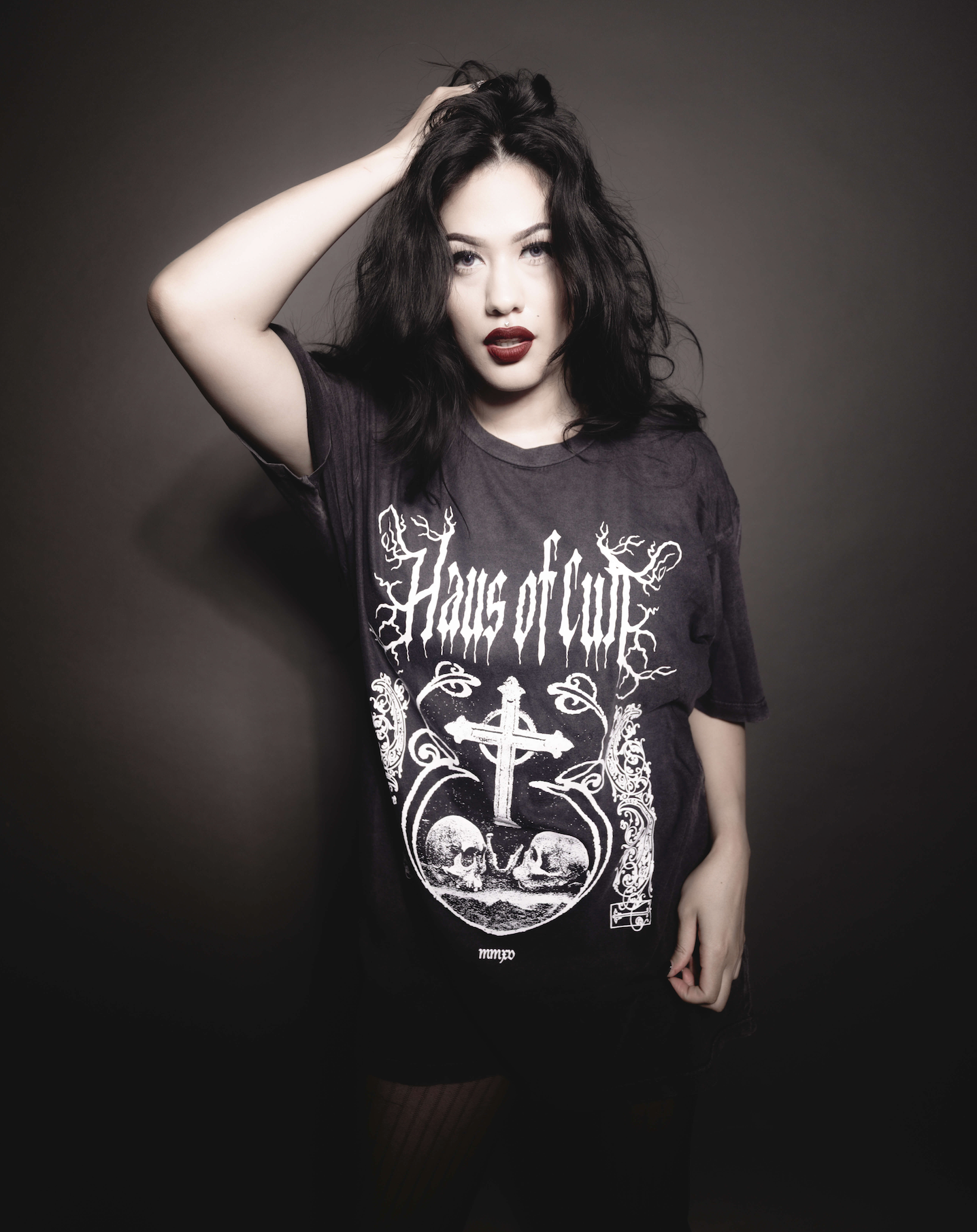 Black Haus Of Cult graphic tee with a white cross and skull print by The Pretty Cult