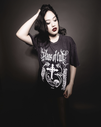 White cross and skull print on the black Haus Of Cult tee