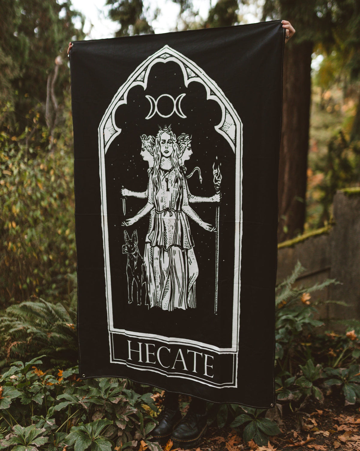 Hecate Oracle Wall Tapestry, black and white goddess art