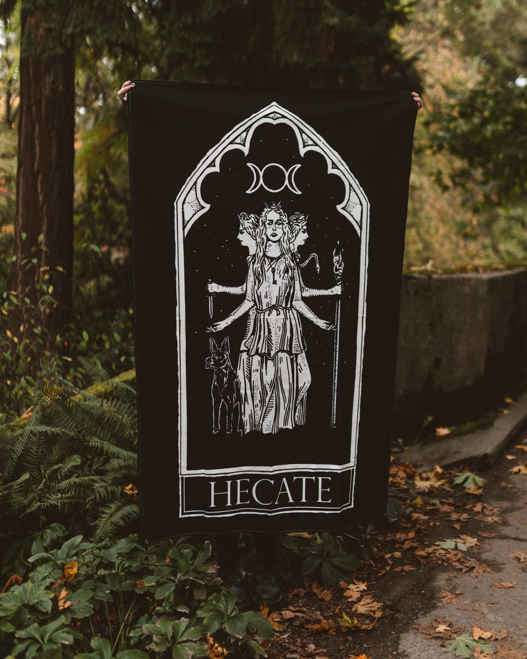 Hecate Oracle Wall Tapestry, black and white goddess art