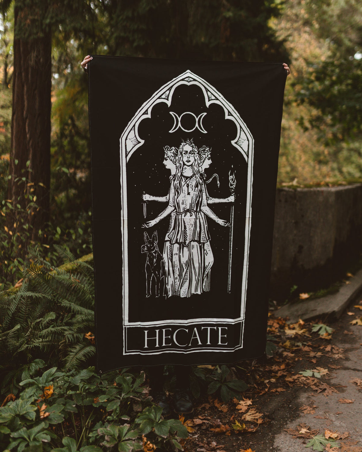 Hecate Oracle Wall Tapestry, black and white goddess art