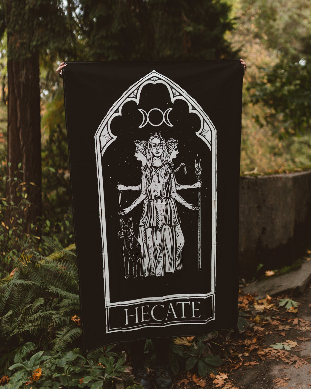 Hecate Oracle Wall Tapestry, black and white goddess art